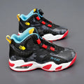 Children's black and colour basketball shoes with a rotating button fastening on the side.