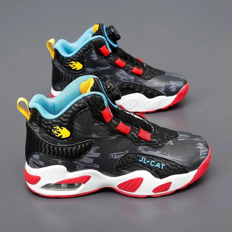 Children's black and colour basketball shoes with a rotating button fastening on the side.