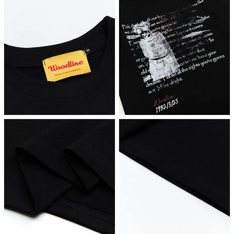 Men's black hip hop style loose T-shirt with white printed letters design and raglan sleeves