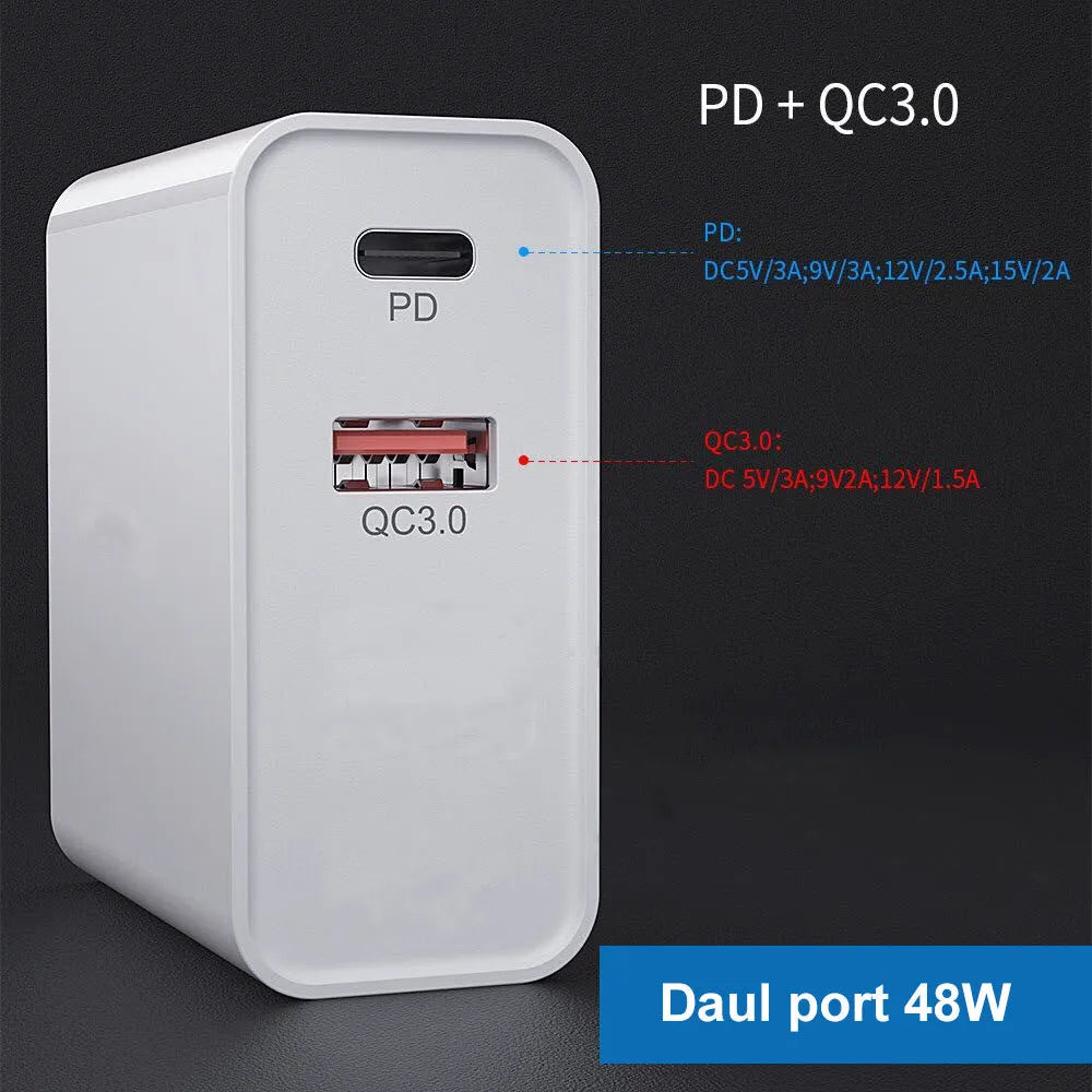 White multi-port USB wall charger with fast charging, showing PD and QC ports.