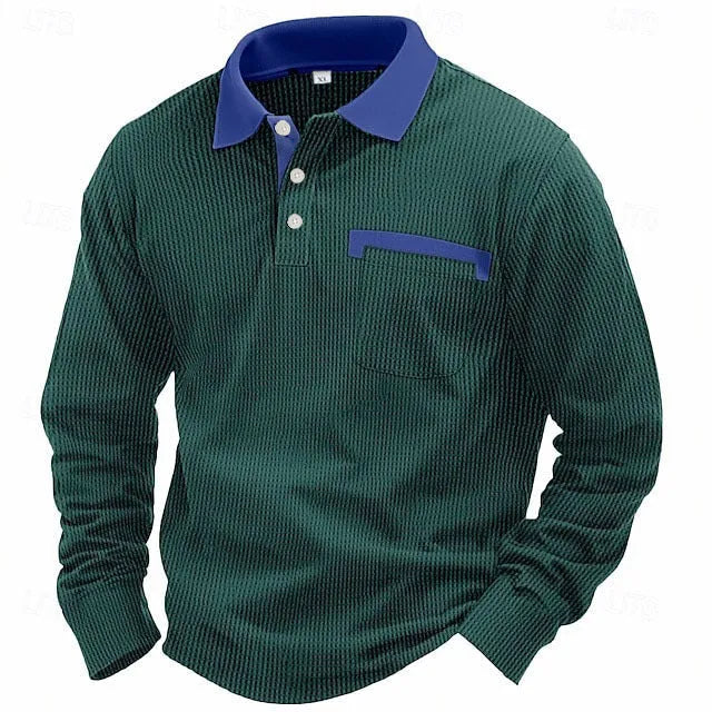 Men's long-sleeved waffle texture polo shirt with asymmetric design in available colours