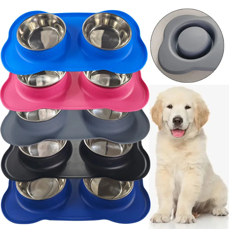 Silicone dog bowl with stainless steel interior in large and small sizes with five colour options