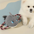 Turtle shaped dog chewing toy with knotted rope centre in grey green or orange colours