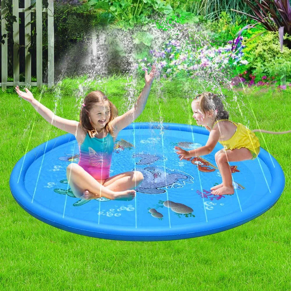 Children's water spray play mat with marine animal designs for outdoor garden use