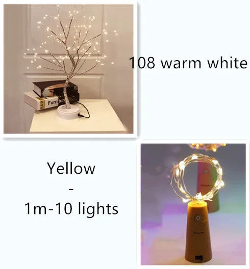 Copper wire LED string light with 20 bulbs and a white plastic bottle stopper for decoration.
