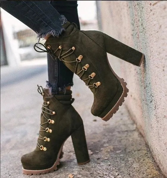 Women's suede high heel ankle boots with thick heels above 8cm and waterproof platform in four colour options