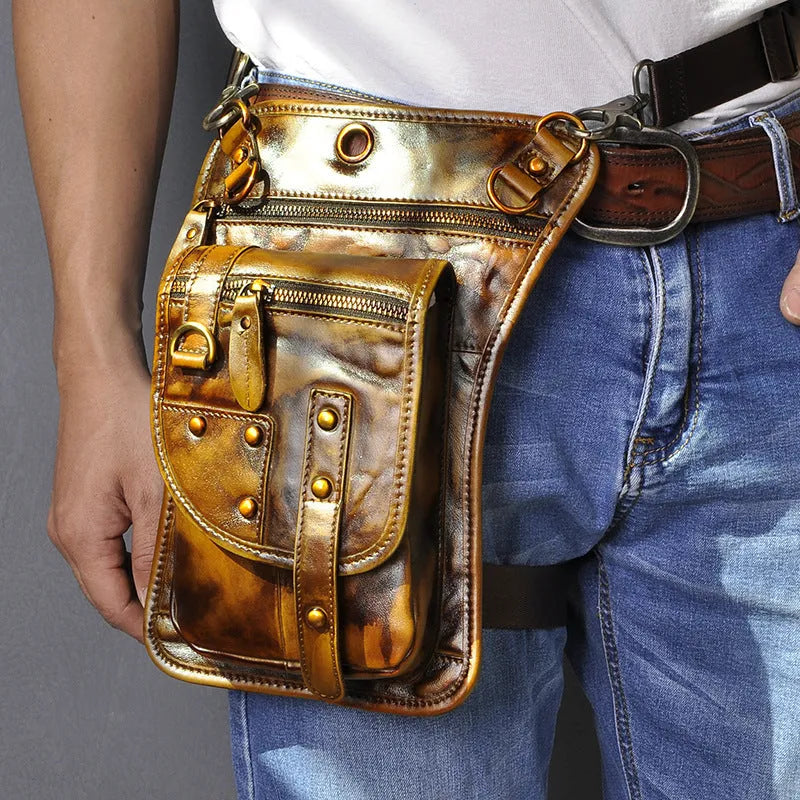 Genuine cowhide leather punk fanny pack with zipper closure showing internal phone and ID pockets