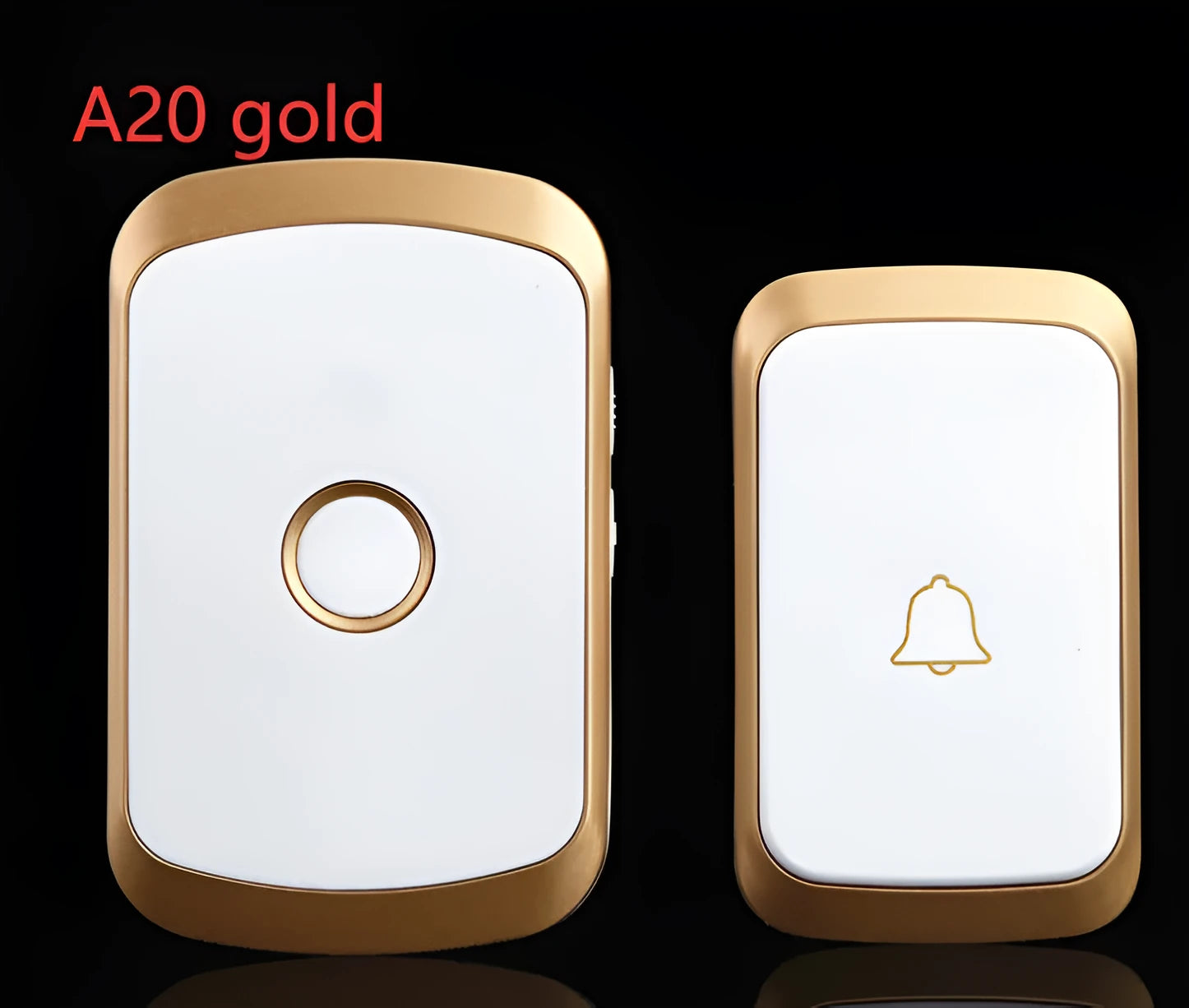 Wireless doorbell kit with plug-in receiver and battery-powered push button transmitter in black finish.