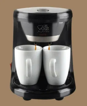 Automatic double cup American coffee machine in black with two 180ml glass cups and a spoon