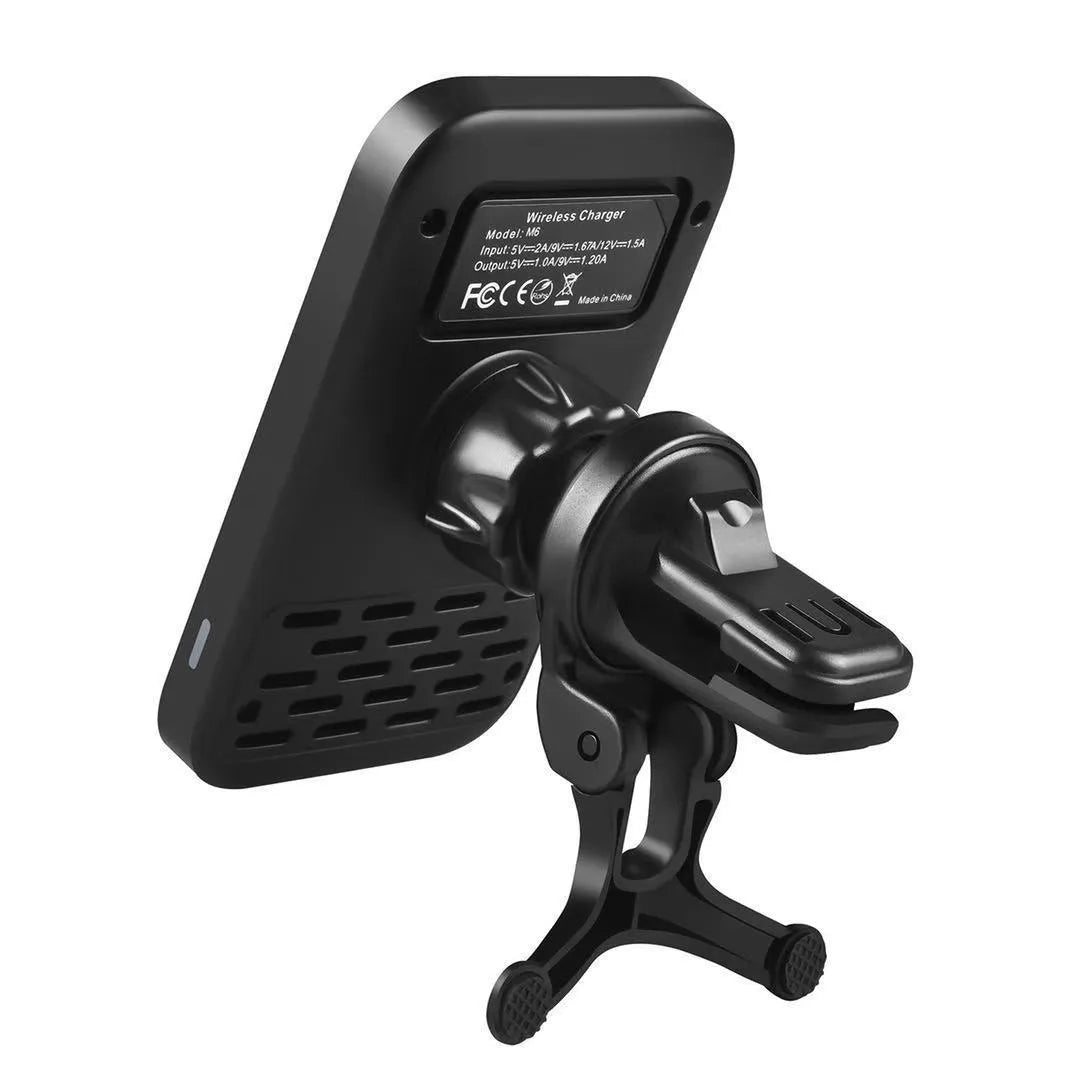 Black M6 magnetic wireless car charger bracket with LED indicator for dashboard or windscreen mounting
