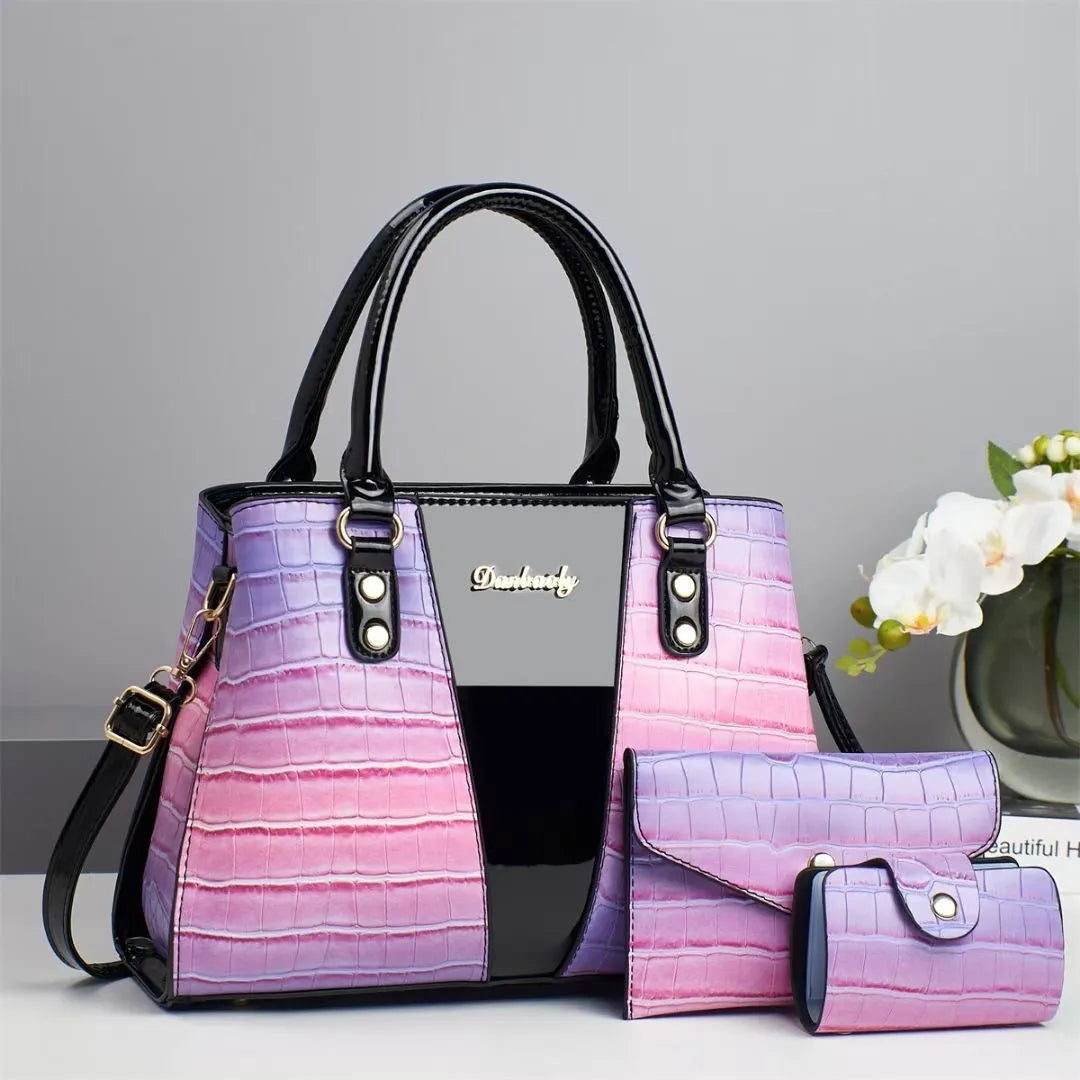 Women's crocodile stitch three-piece shoulder bag set in PU leather showing main bag and two smaller bags