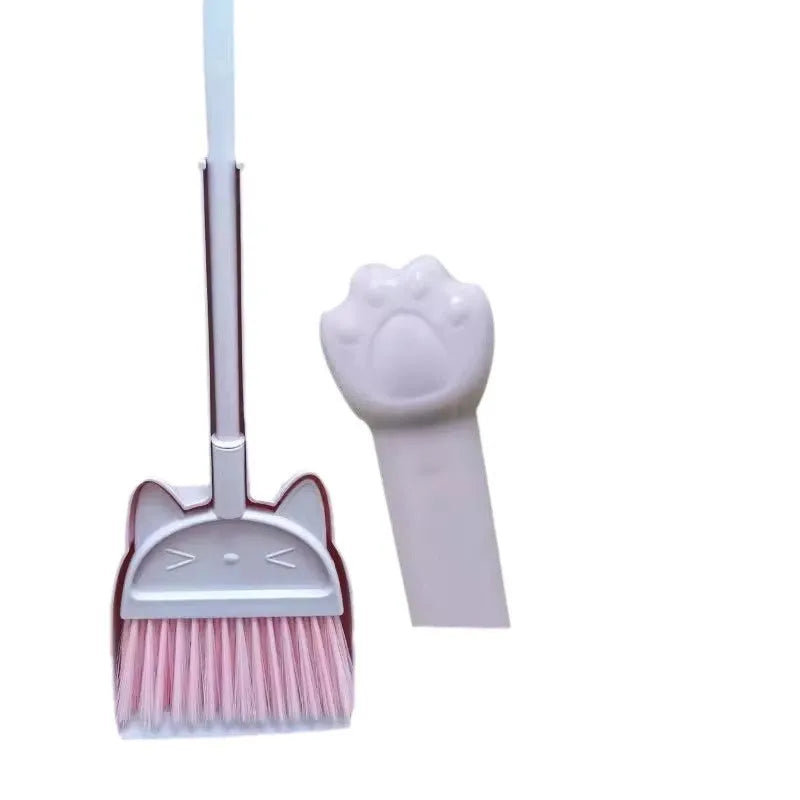 Purple plastic broom and dustpan set with long handle and rotating brush holder