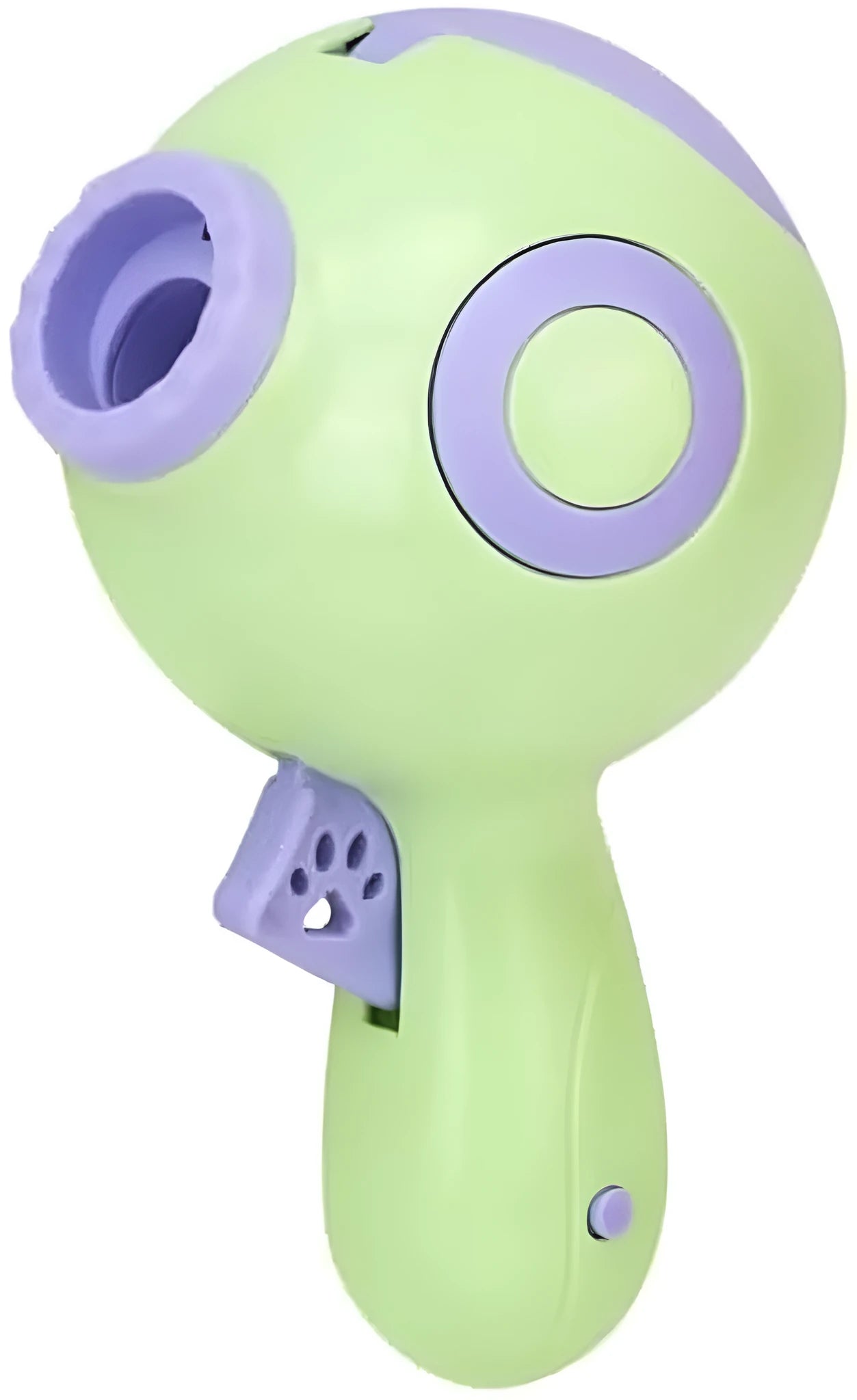 Green, orange, and pink dog treat launcher toy for interactive feeding and training