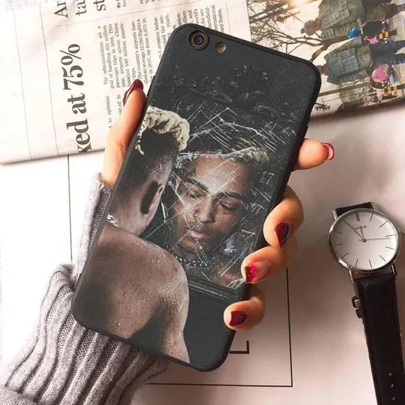 Compatible half-wrapped iPhone case with Xxxtentacion patterned design in transparent matte finish.