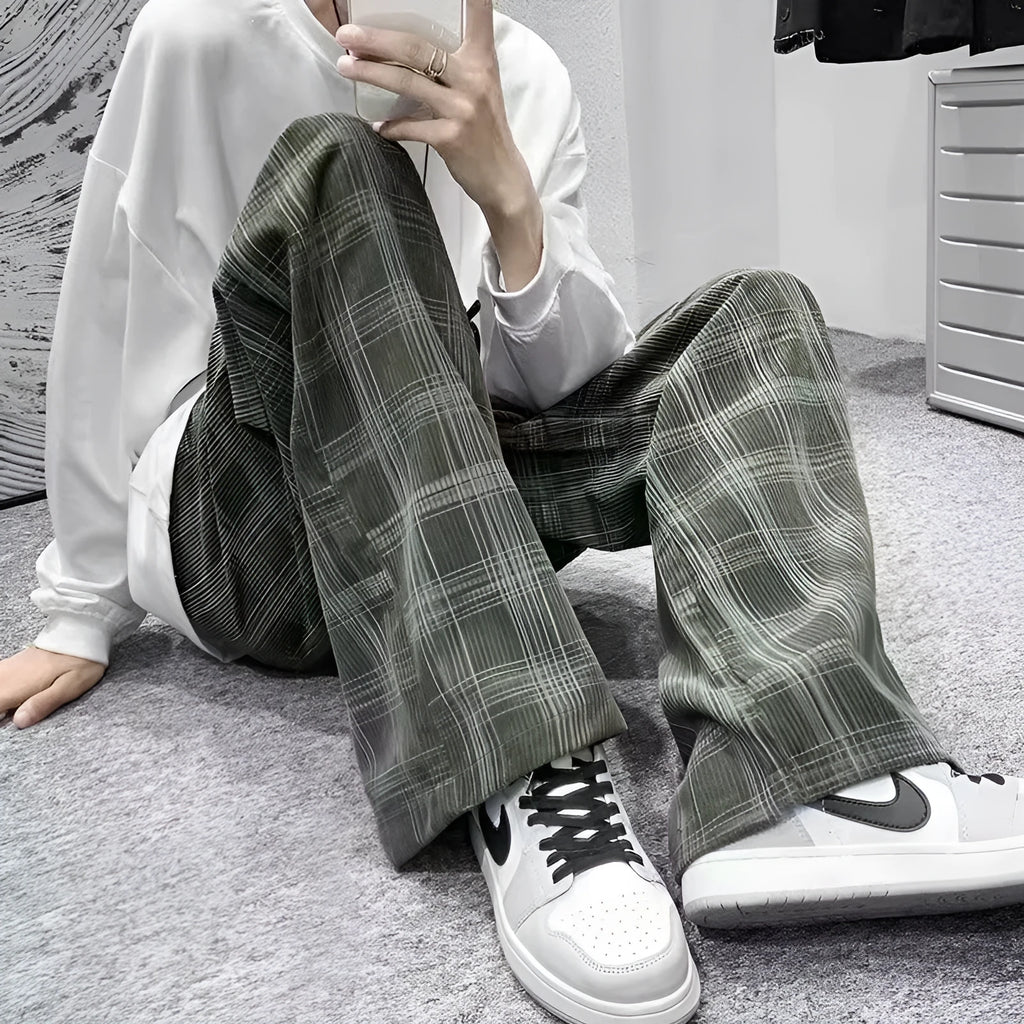 Japanese retro loose plaid trousers in black and green colours with straight-leg design