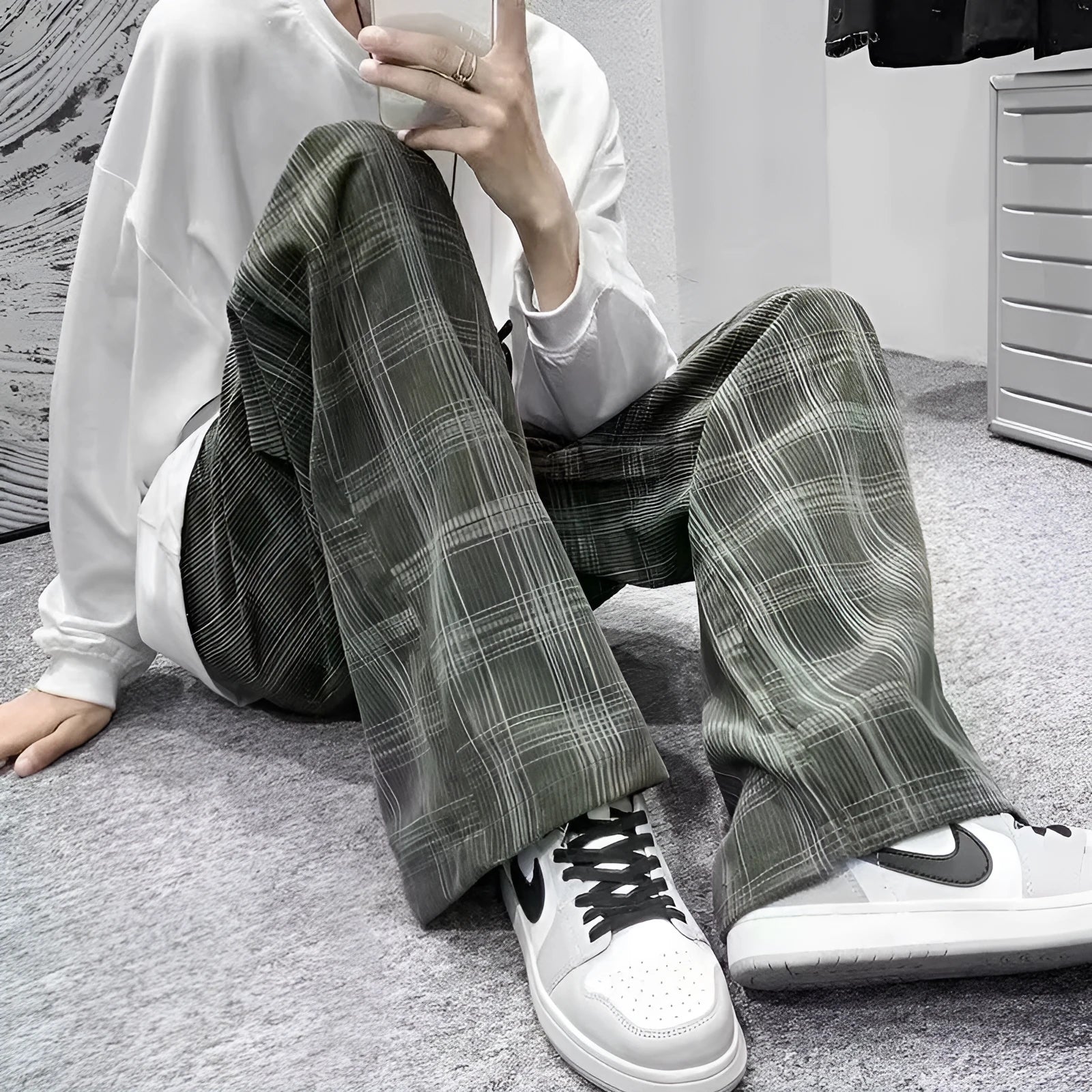 Japanese retro loose plaid trousers in black and green colours with straight-leg design