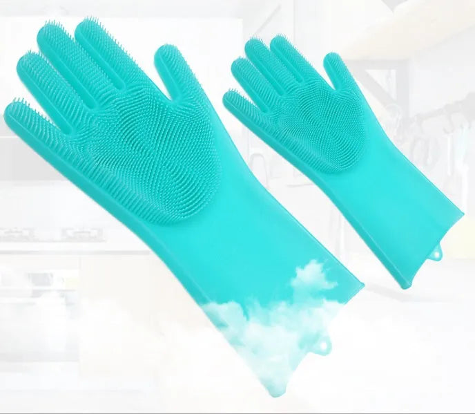 Blue silicone scrubbing gloves showing textured palm and finger surfaces for cleaning