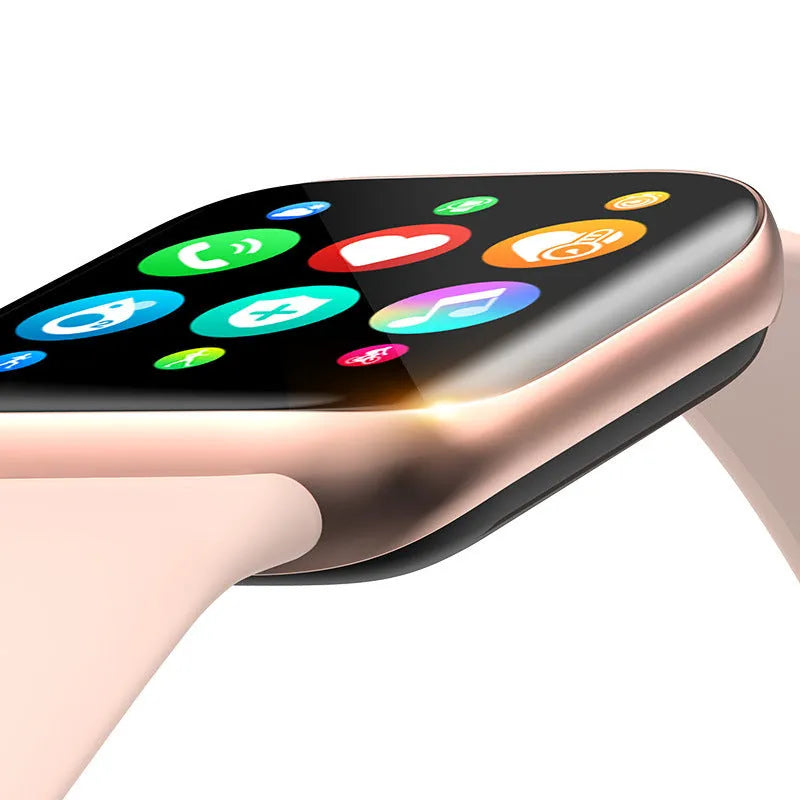 Black smart bracelet with a square screen on a silicone strap, showing Bluetooth call and blood pressure icons.