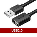 Black USB extension cable with male and female connectors showing length options from 1 to 5 metres