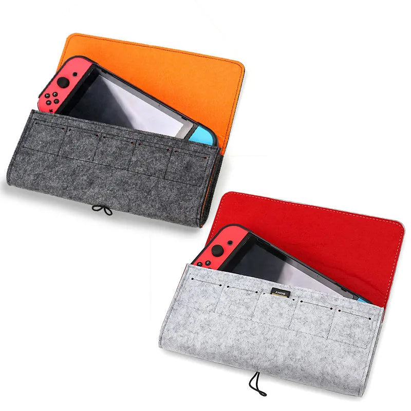 Black felt pouch bag for Nintendo Switch with game card slots and double layer storage compartments