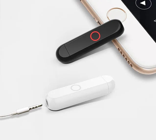 A1 Bluetooth listening button audio receiver in black, blue, orange, or white, shown with 3.5mm plug.