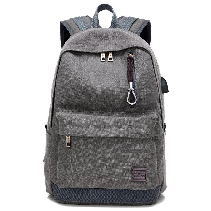 Canvas backpack with USB charging port showing computer pocket and available colour options