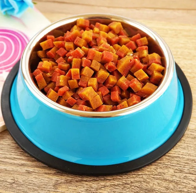 Stainless steel pet bowl with colourful melamine base and non-slip rubber ring in multiple colour options