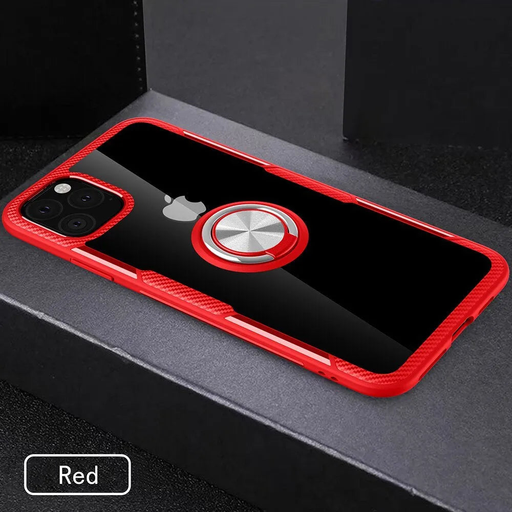 Black PU material phone case for iPhone 11 Pro Max showing precise cutouts for camera and ports.