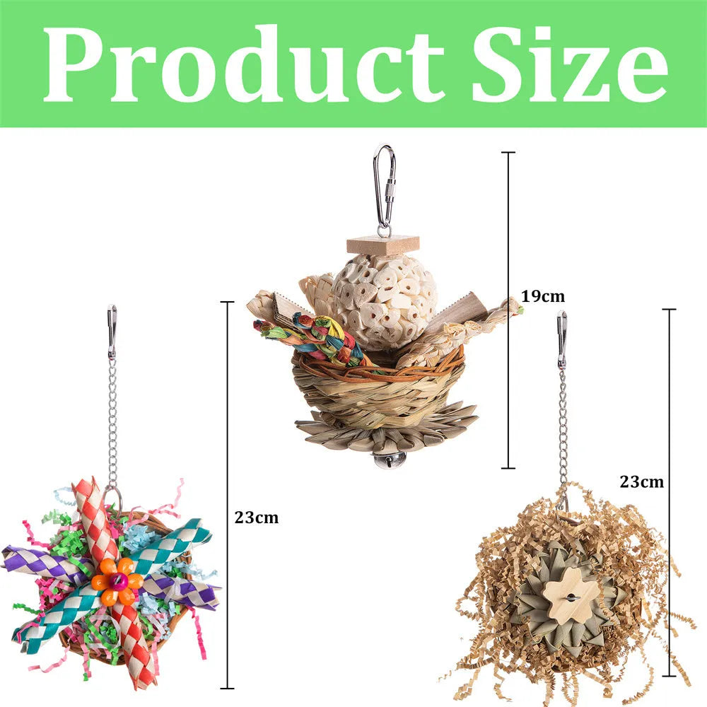Parrot gnawing molar chew toy with wooden beads, rope, and metal bells in three configuration options