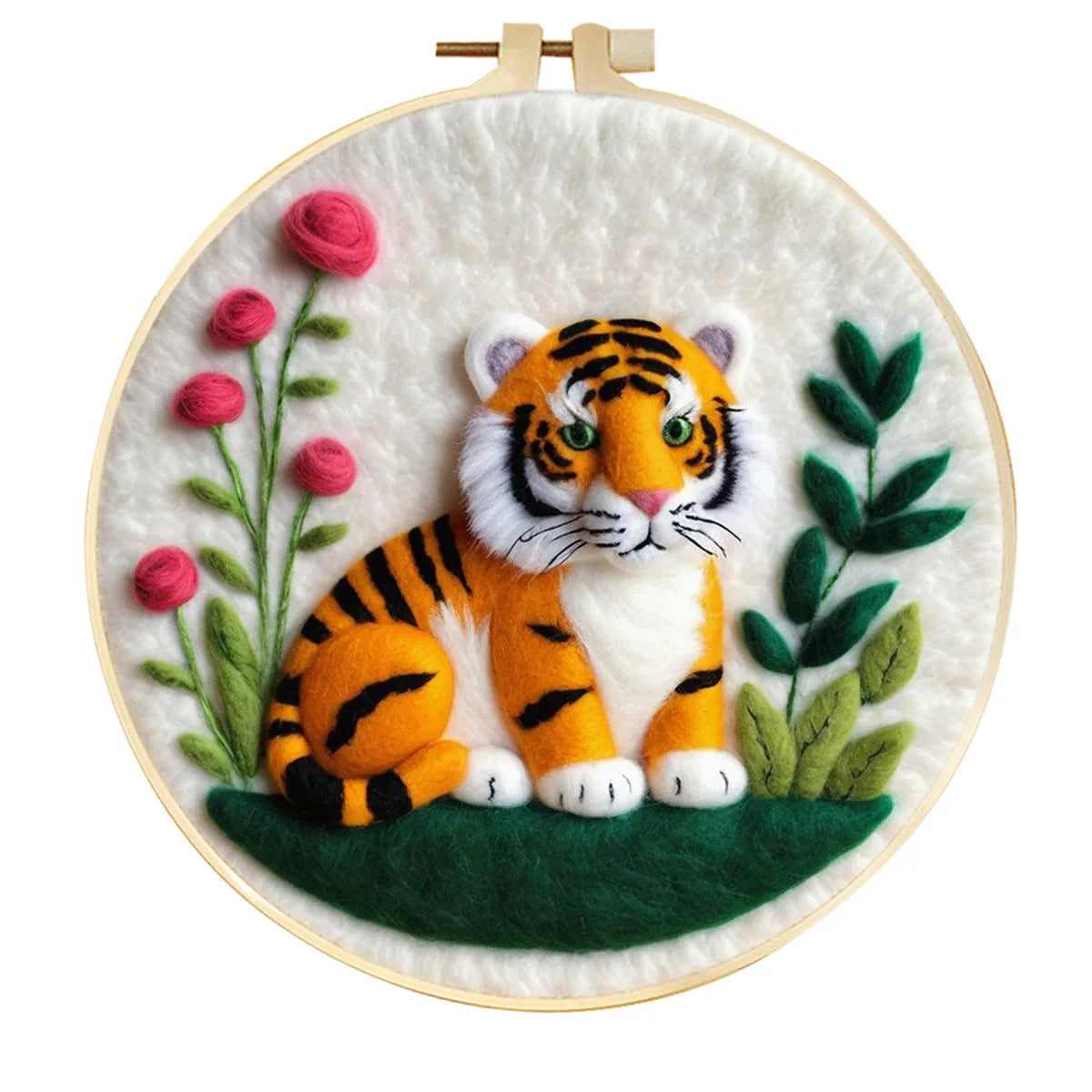 Round linen embroidery kit with wool felt pieces for 3D flowers and leaves, includes a free frame.