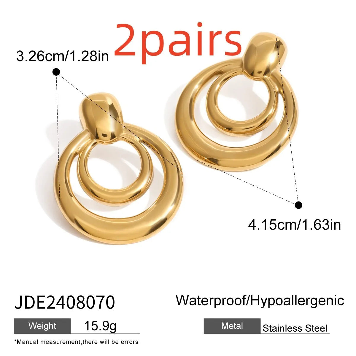 Golden round double layer hollow stud earrings with geometric design on white background