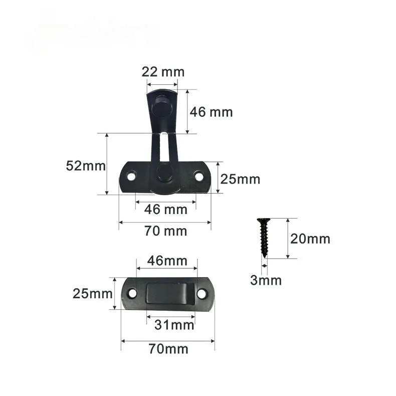 Black carbon steel and stainless steel 90-degree warehouse hook lock with flat shackle for sliding doors.