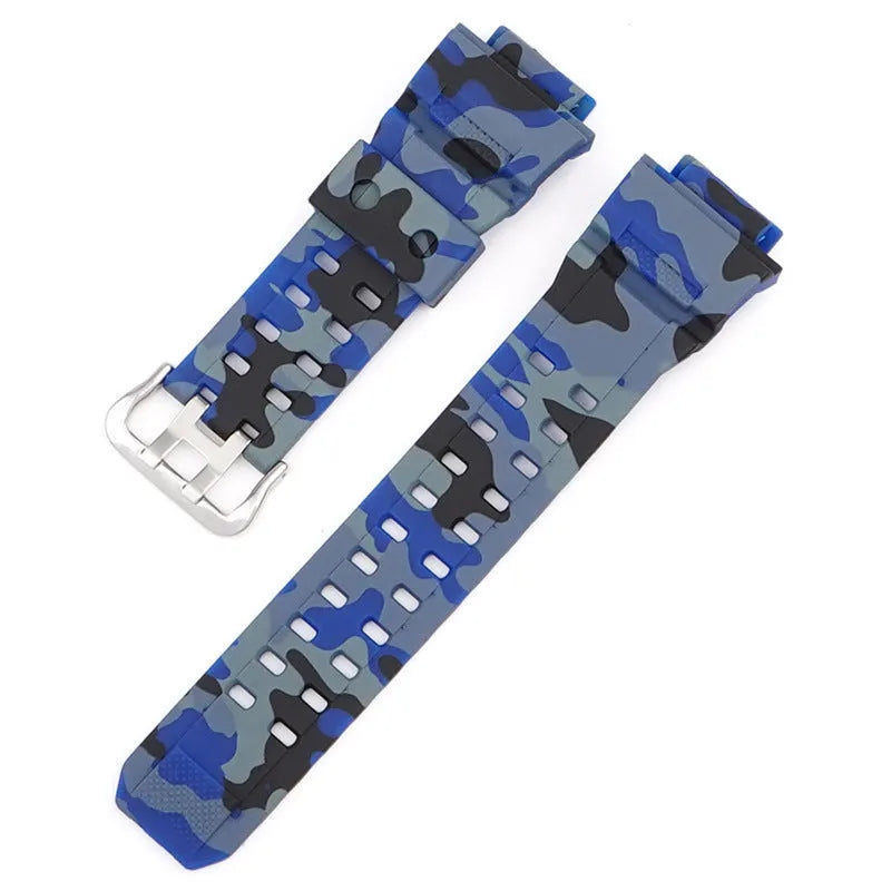 Camouflage patterned TPU resin watch strap with silver buckle on a grey background