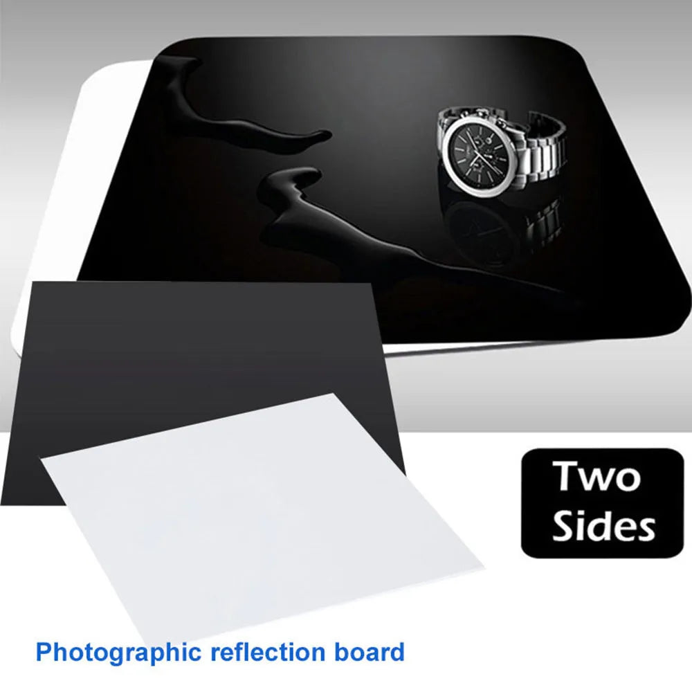 Black and white square acrylic reflection boards for photography in 20cm, 30cm, and 40cm sizes.