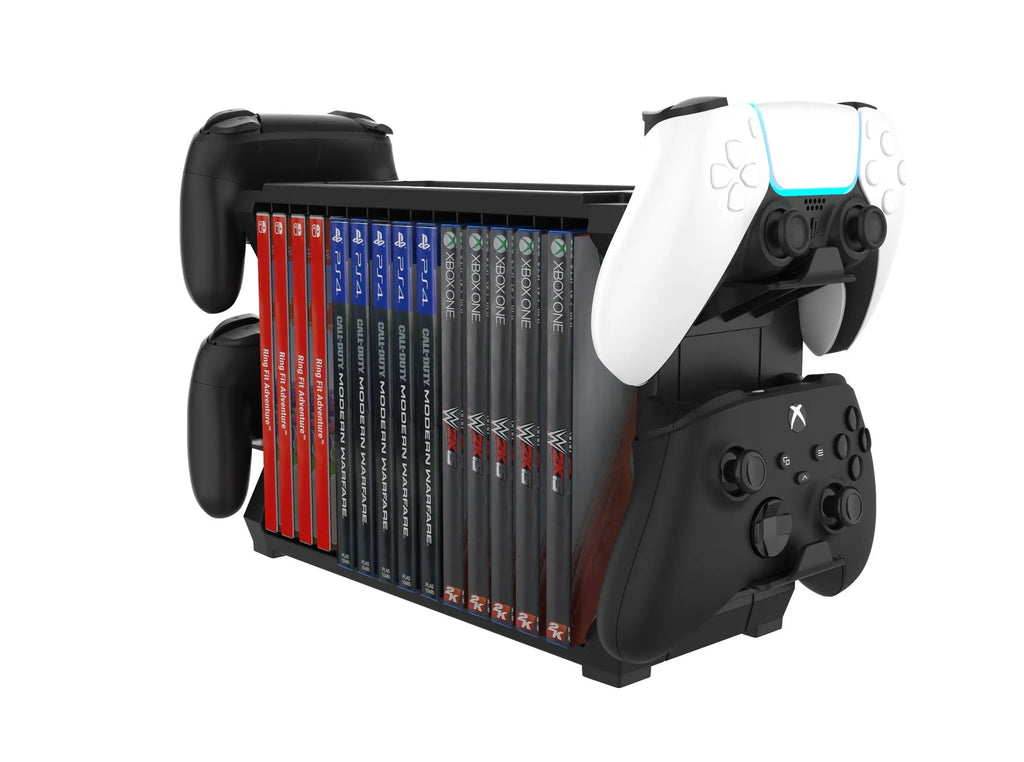Black PS5 and Xbox Series X disc holder with integrated controller stand organising game cartridges