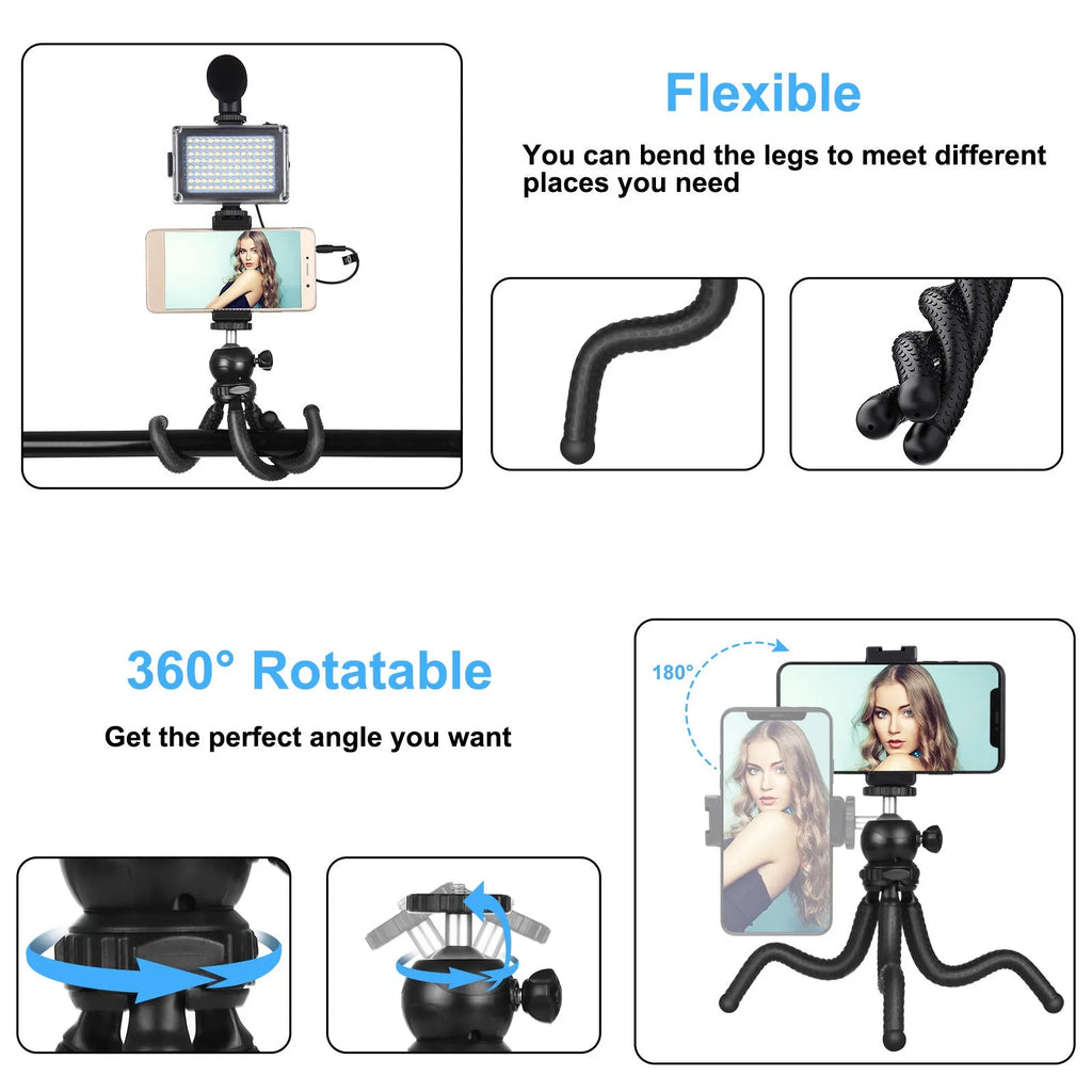 Black Octopus Yripod live broadcast kit with flexible legs, ballhead, and fill light microphone for iPhone.