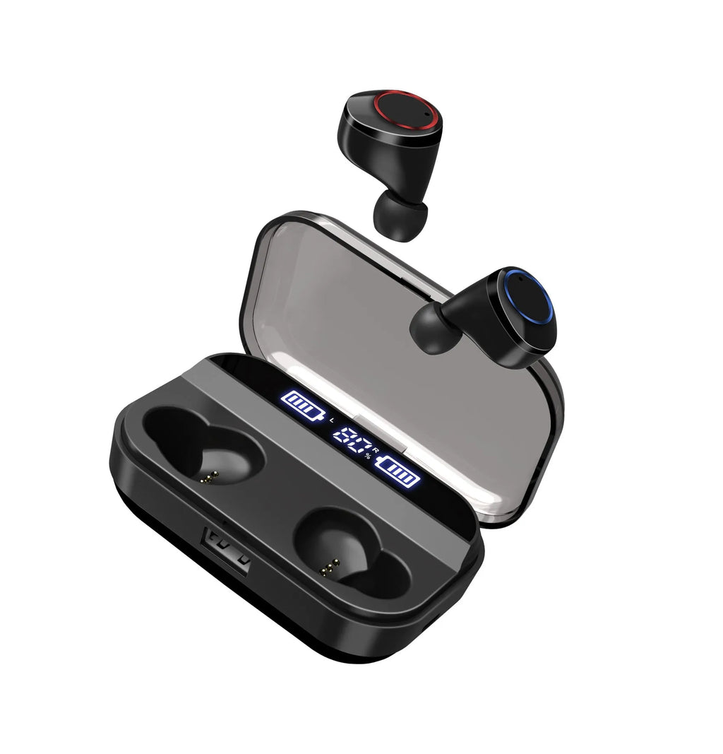 X11 black Bluetooth wireless earbuds with charging case showing touch controls and silicone ear sleeves