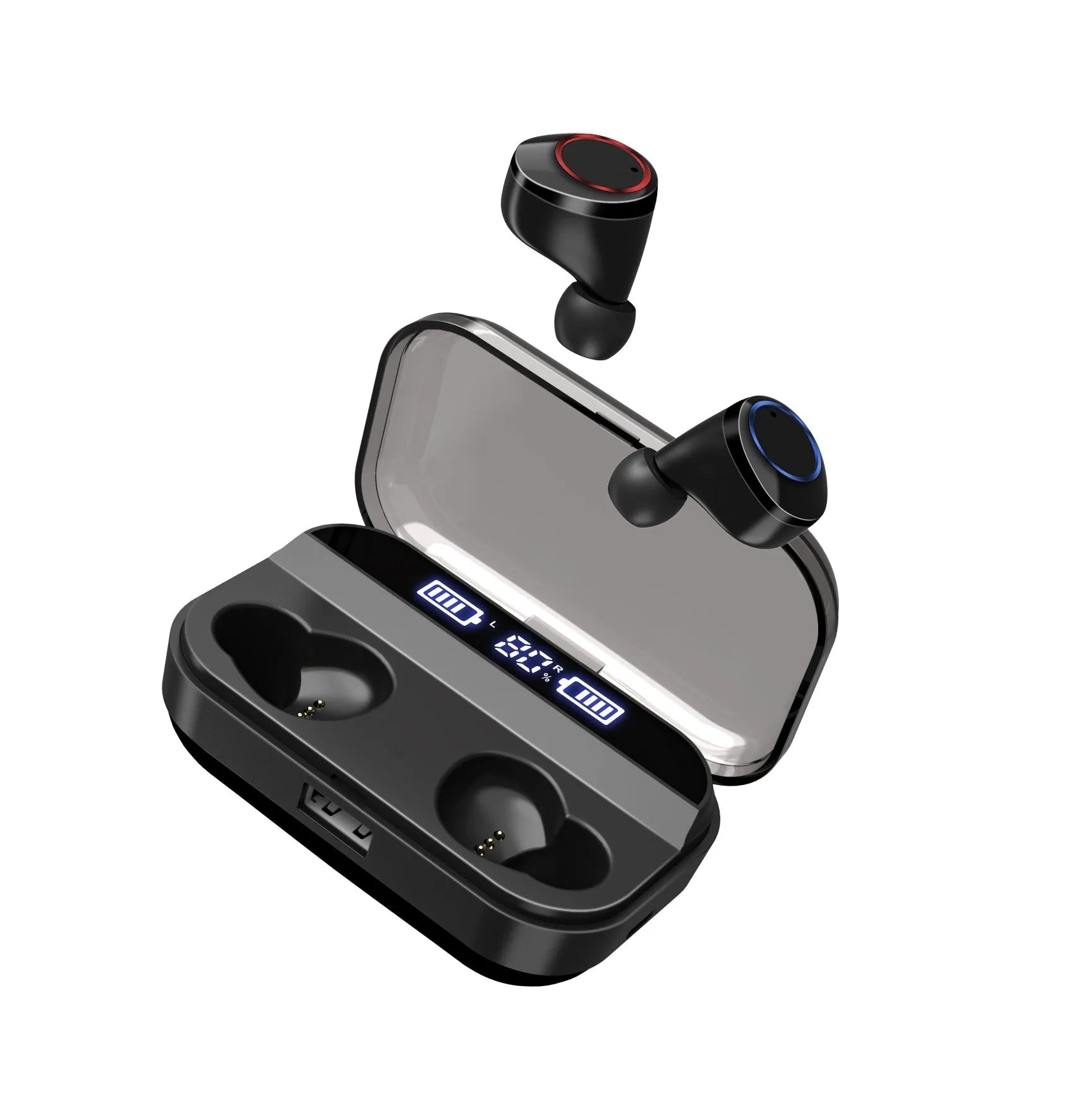 X11 black Bluetooth wireless earbuds with charging case showing touch controls and silicone ear sleeves