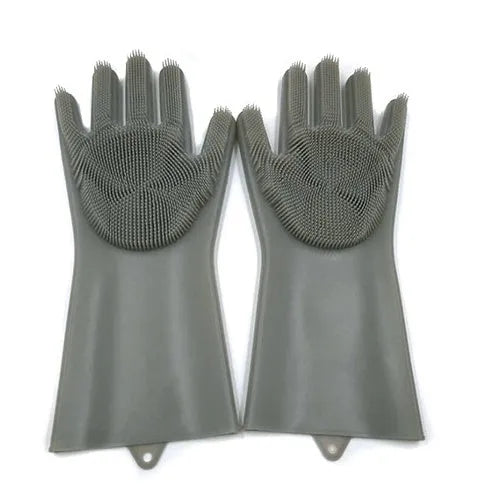 Blue silicone scrubbing gloves showing textured palm and finger surfaces for cleaning