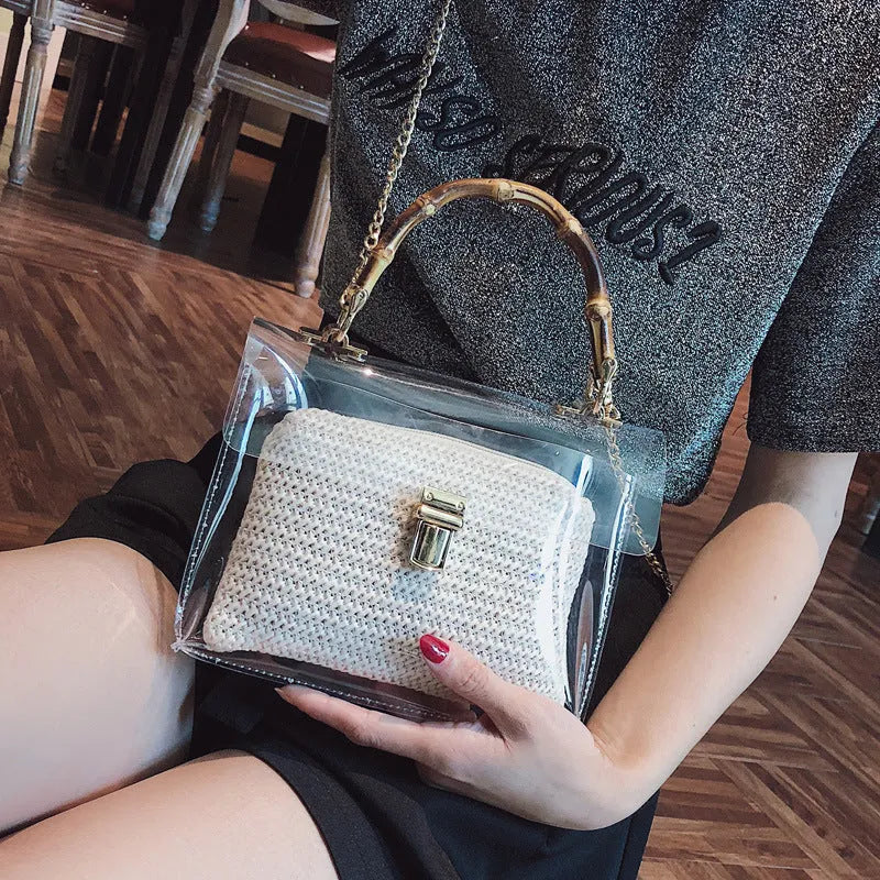 Bamboo knot woven women's shoulder bag in khaki with chain accent and hasp closure on white background