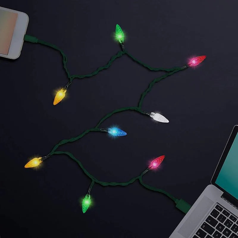 Green USB charging cable with 10 colourful LED lights flashing along its length