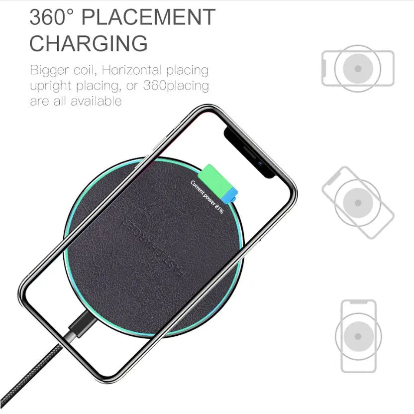 Black Qi wireless charging pad for iPhone 11 with soft silicone surface and LED indicator