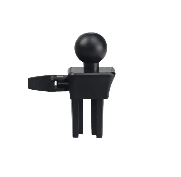 Black plastic car vent phone holder mounted on air conditioning outlet with smartphone