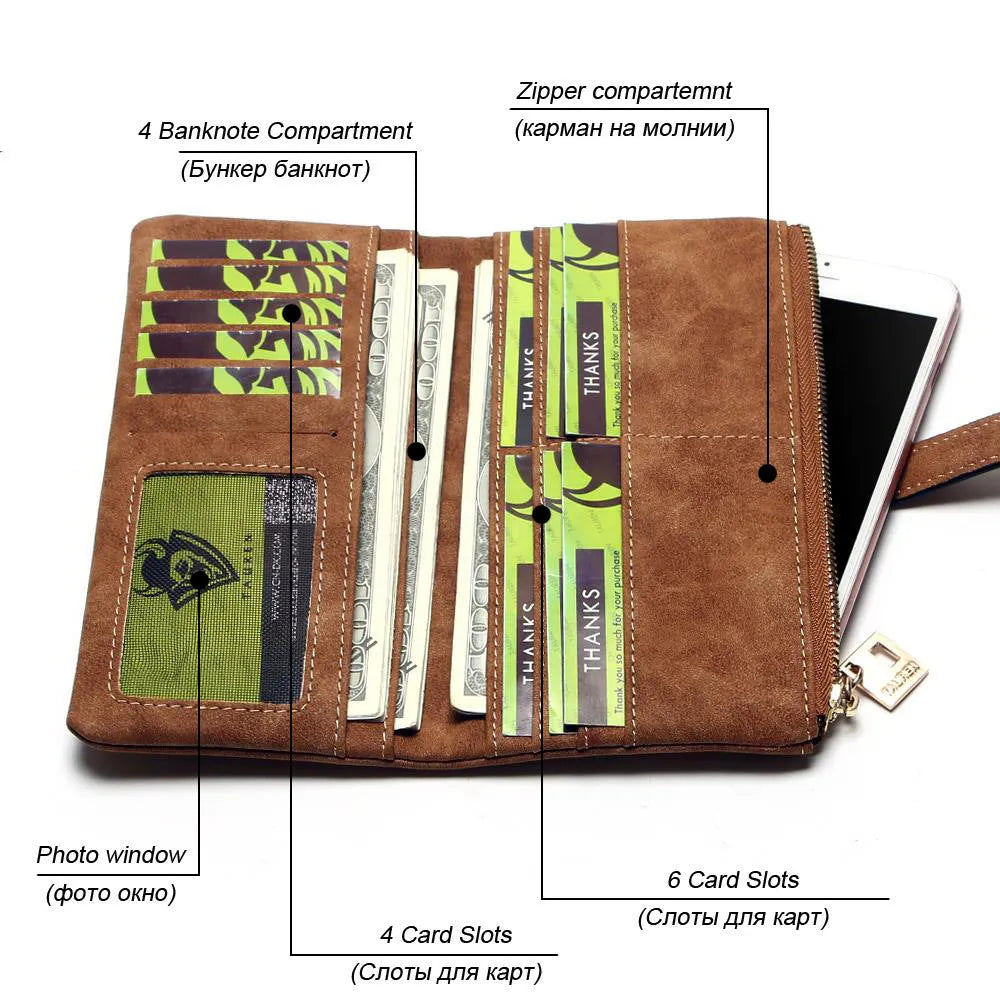 Korean style retro long women's wallet open showing multiple compartments and phone pouch