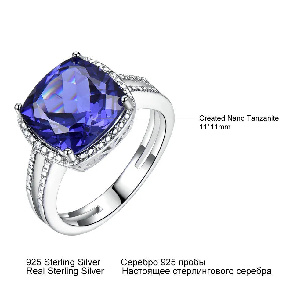 Women's sterling silver ring with a blue Tanzanite gemstone, shown in UK size options 6 to 10.