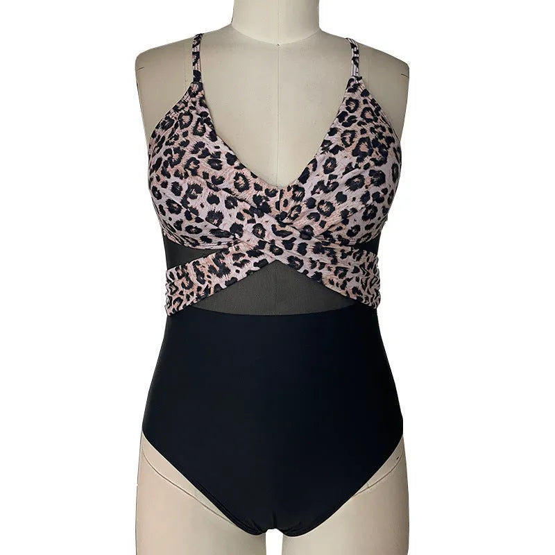 Women's mesh spliced backless one-piece swimsuit in solid colour black with polyester lining for swimming and wading sports