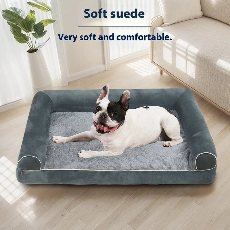 Square cloth dog bed with breathable sponge cushion in blue, shown with size options.