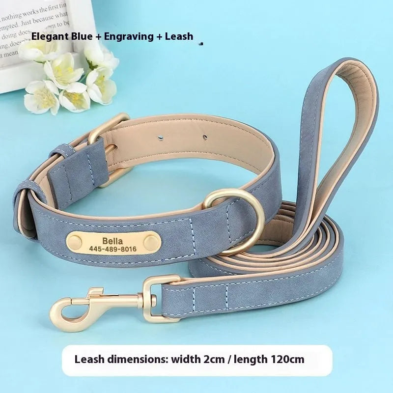 Blue double-layer leather dog collar and matching leash on a tan background