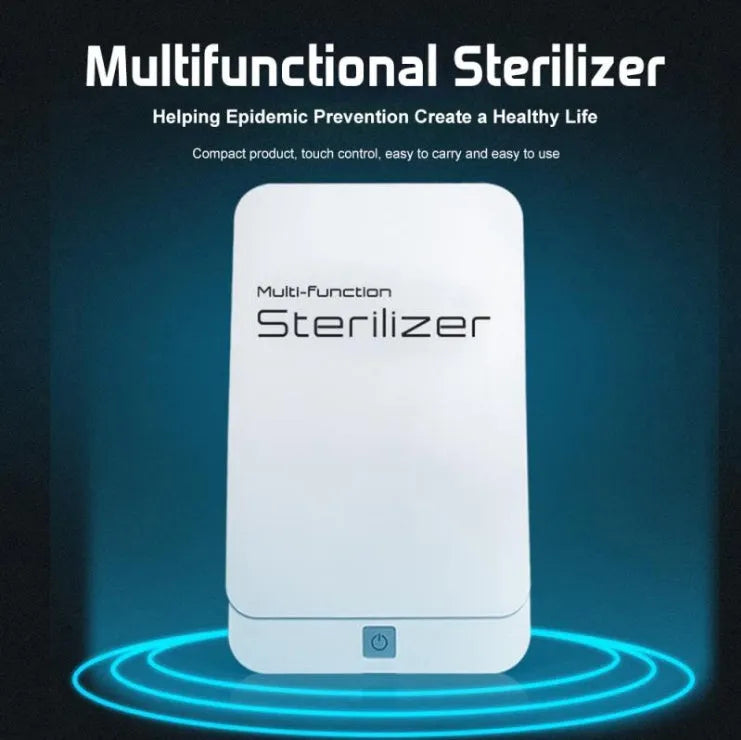 Blue UV phone steriliser box with touch control and open lid showing disinfection chamber.