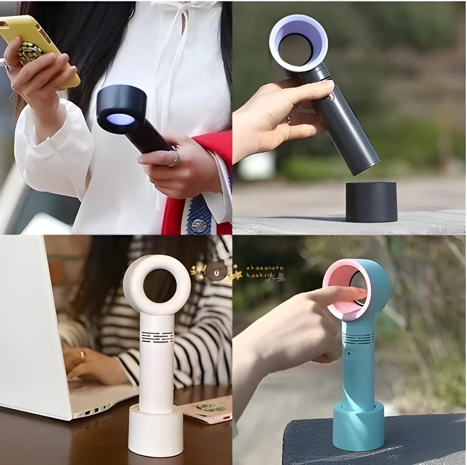 Compact portable bladeless desk fan with USB cable and base, shown in blue.